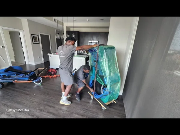 Two Next Nest team members securing a wrapped furnishing on a dolly